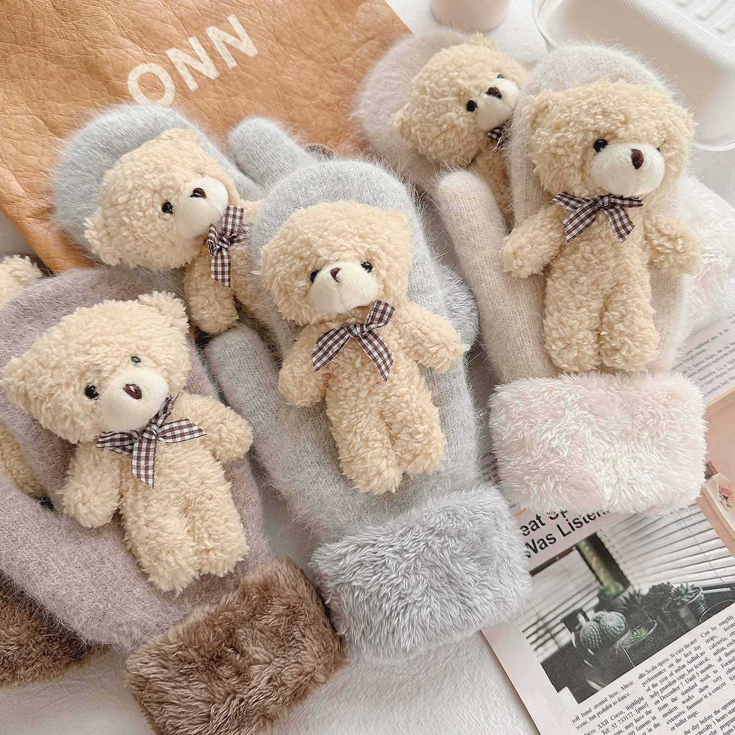 手套可爱卡通小熊连指加绒保暖