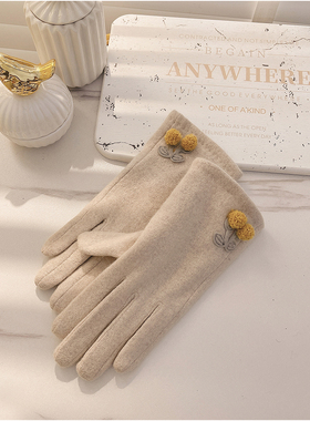 手套女冬季保暖春秋款天加绒加厚触屏可爱开车骑行电动车羊毛羊绒