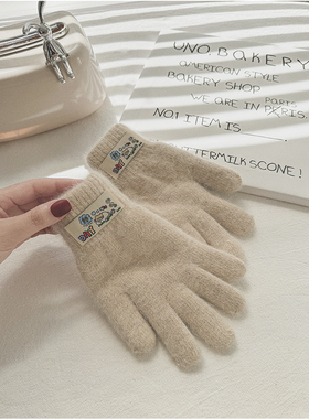 手套女冬季保暖加厚针织防寒五指开车骑行毛线加绒可爱春秋天骑车