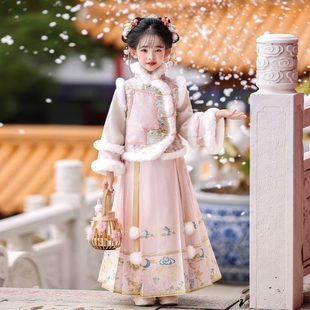 新年服装女童中国风拜冬年服喜庆汉服拜年服格格服加厚国风马面裙