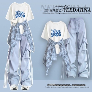 裤 hiphop街舞穿搭套装 T恤工装 短袖 三件套 春夏多巴胺格子防晒衬衫
