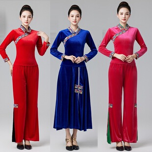 民族风金丝绒广场舞服装女藏族刺绣古典舞表演出服运动长裙子套装