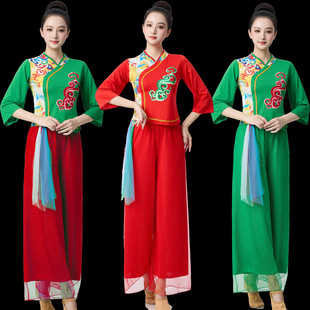 新款广场舞服装古典秧歌舞蹈服女团队民族练功打腰鼓服表演出套装