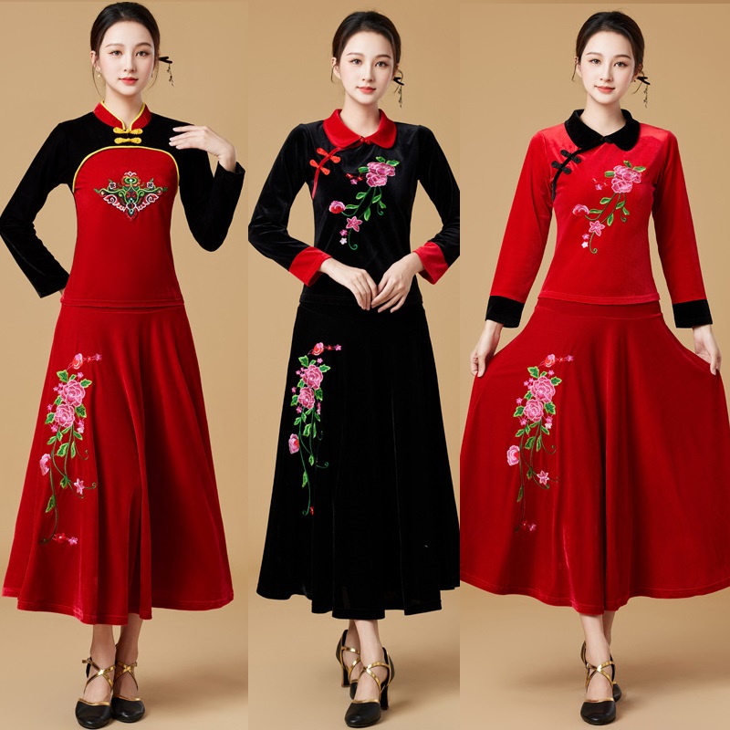 广场舞蹈服装女新款民族风健身跳舞团队服秧歌服表演出长裙子套装