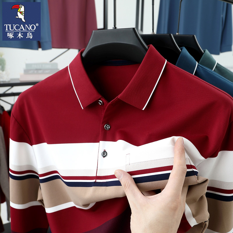 啄木鸟春季中年男装纯棉长袖T恤带口袋衬衫领爸爸上衣polo打底衫