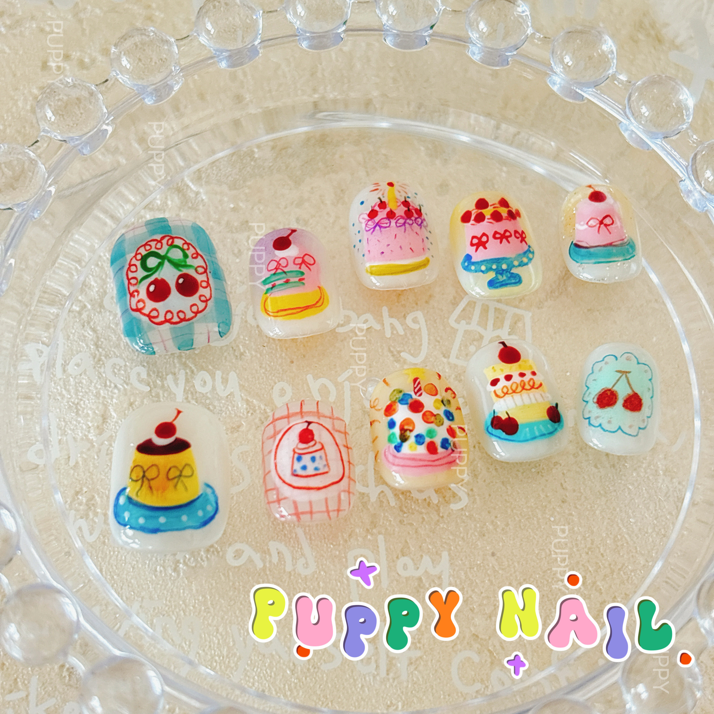 PUPPY手绘蛋糕穿戴甲ins甜美可爱美甲短甲手工穿戴甲水彩美甲生日