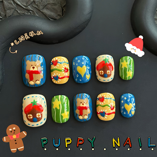 圣诞围巾熊新年彩色秋冬卡通穿戴甲红色圣诞美甲显白ins波点法式