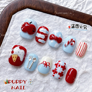 PUPPY家 显白 新年苹果可爱卡通红蓝穿戴甲立体捏捏美甲秋冬新款