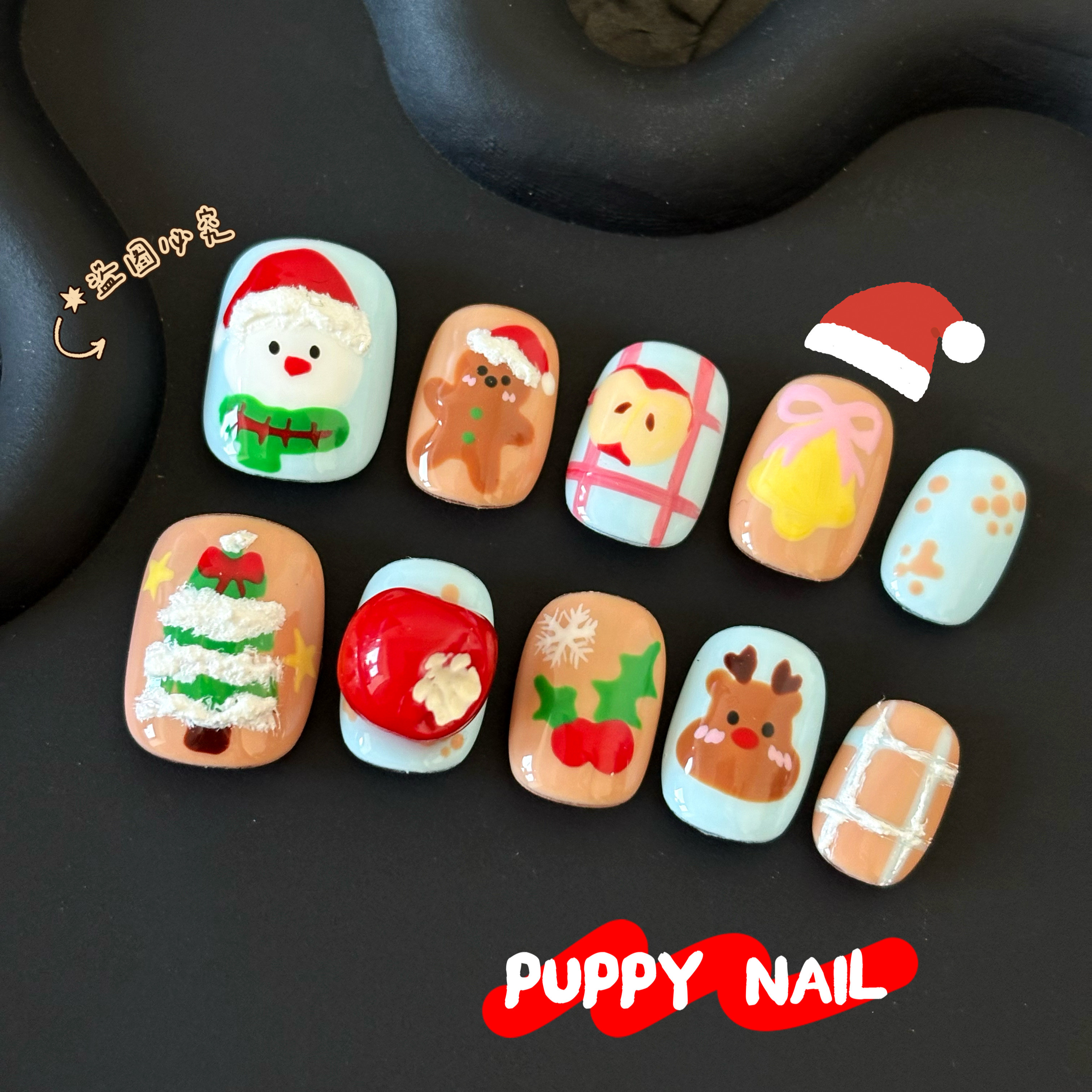 PUPPY家手绘圣诞秋冬穿戴甲可爱短美甲ins圣诞老人雪人麋鹿姜饼人
