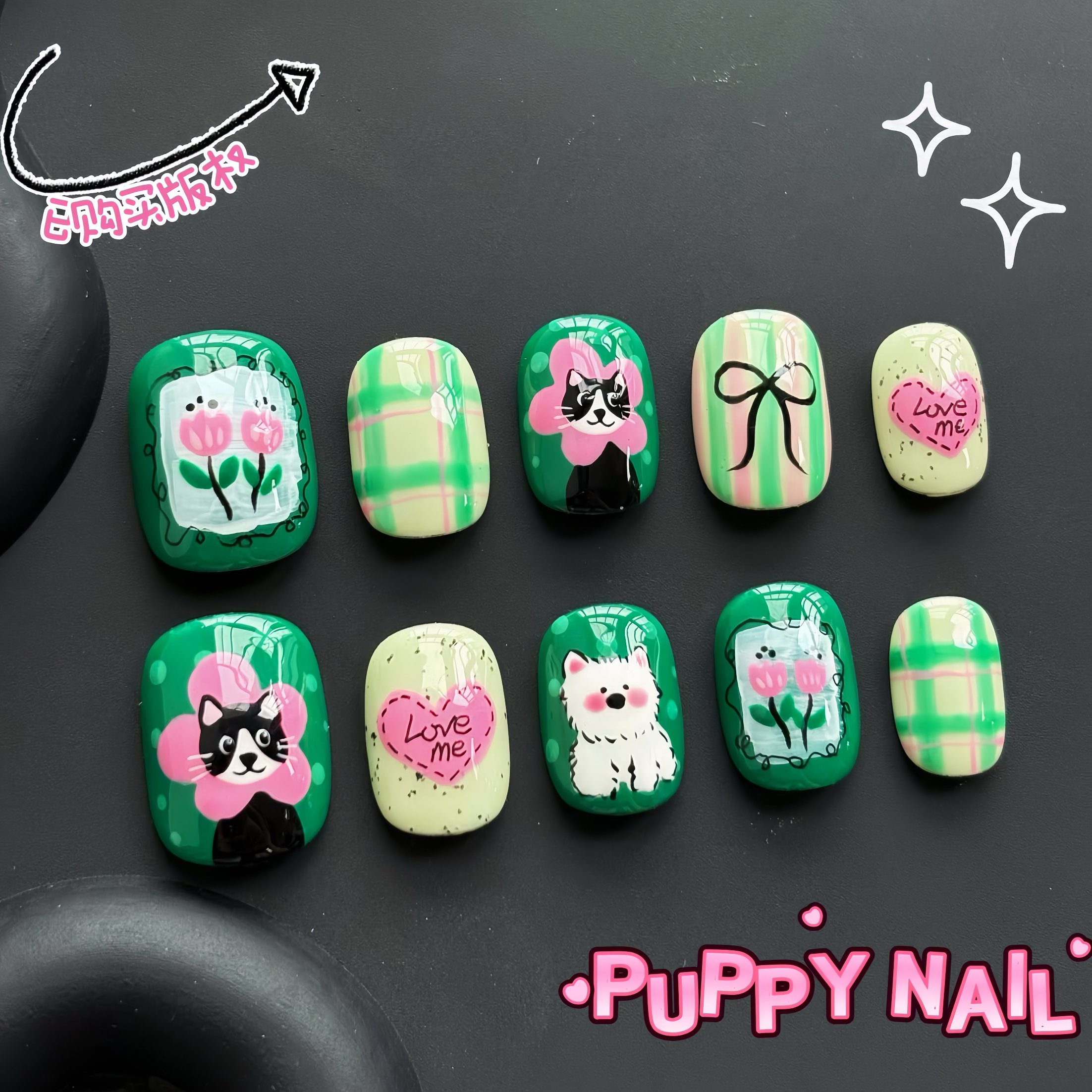 薄荷绿奶牛猫手绘美甲