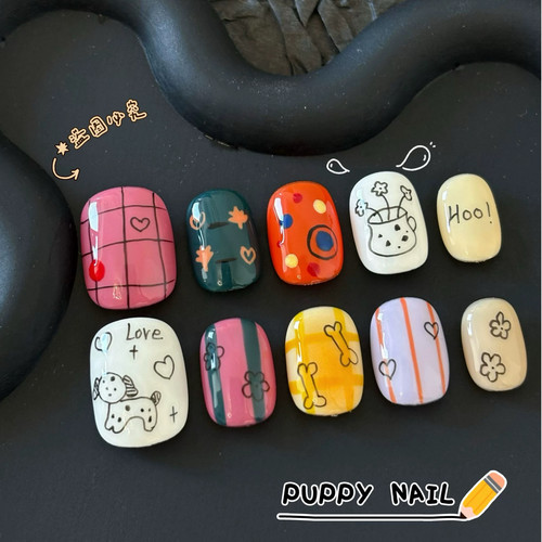 PUPPY家手绘小狗格子秋冬穿戴甲