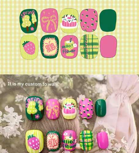 草莓蛋糕美甲手绘粉色绿色卡通