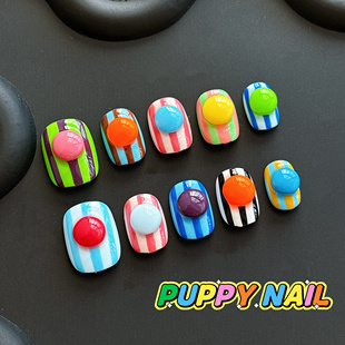 PUPPY家 手绘 西瓜条纹糖果手绘穿戴甲可爱卡通ins美甲彩色夏季