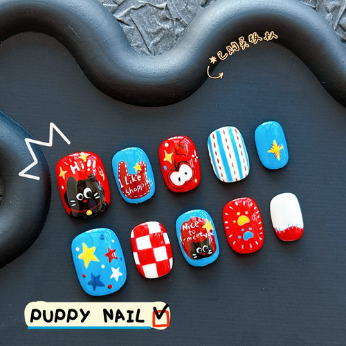 小黑猫苹果可爱卡通手绘美甲