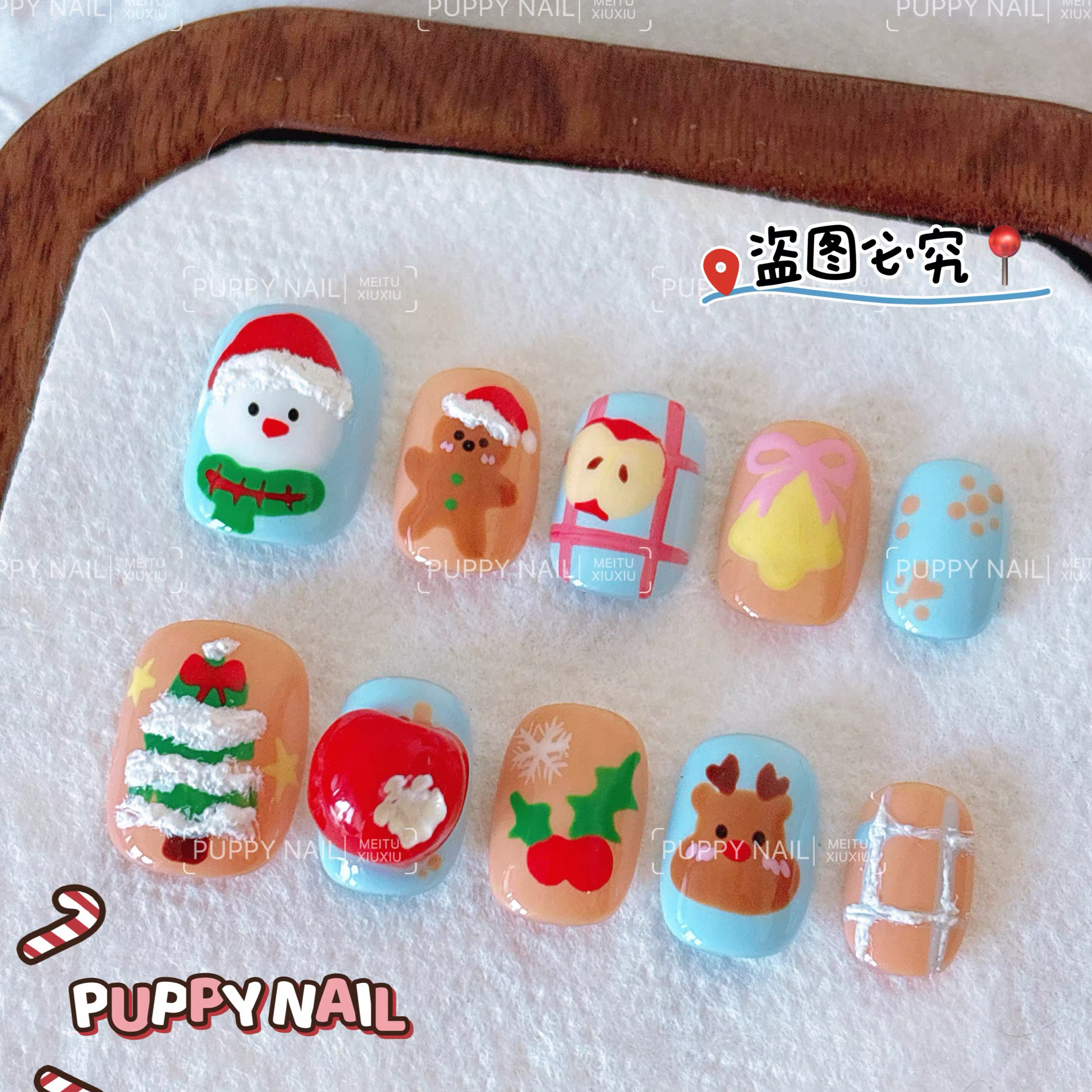 PUPPY家 圣诞雪人穿戴甲可爱美甲小熊苹果立体手绘卡通甜美姜饼人