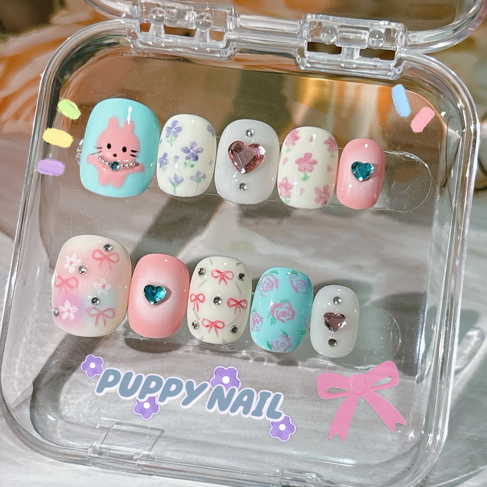 PUPPY家 小碎花手绘蝴蝶结穿戴甲ins小兔子蝴蝶结夏日碎花美甲