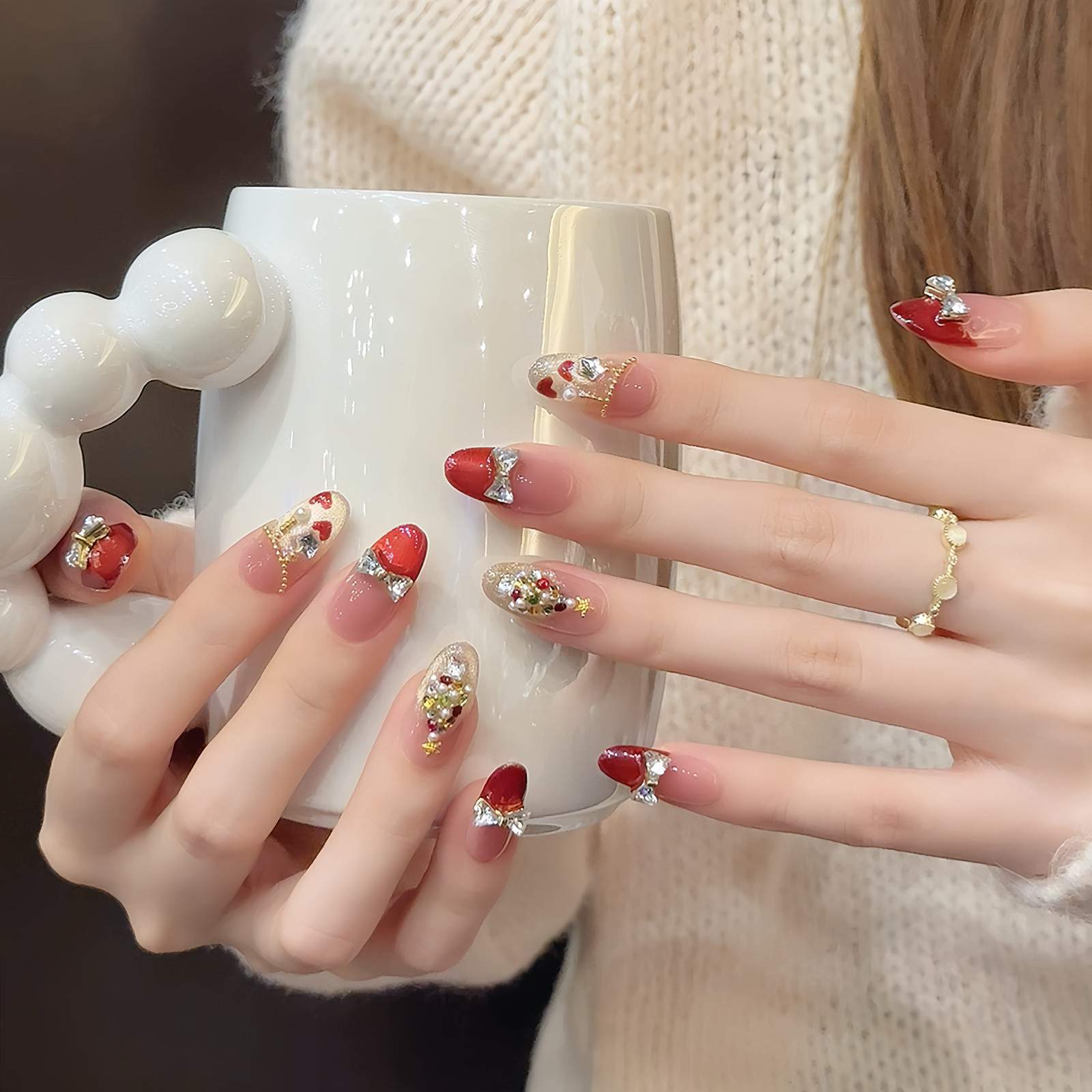 红色圣诞树穿戴甲猫眼法式蝴蝶结美甲钻石新年秋冬中长款新娘结婚,彩妆/香水/美妆工具,穿戴甲/甲片,淘宝优惠券,粉丝福利购,淘宝优惠卷