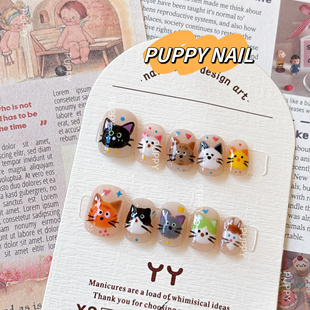 PUPPY家 手绘猫咪穿戴甲卡通可爱多巴胺圣诞y2k辣妹美甲小猫