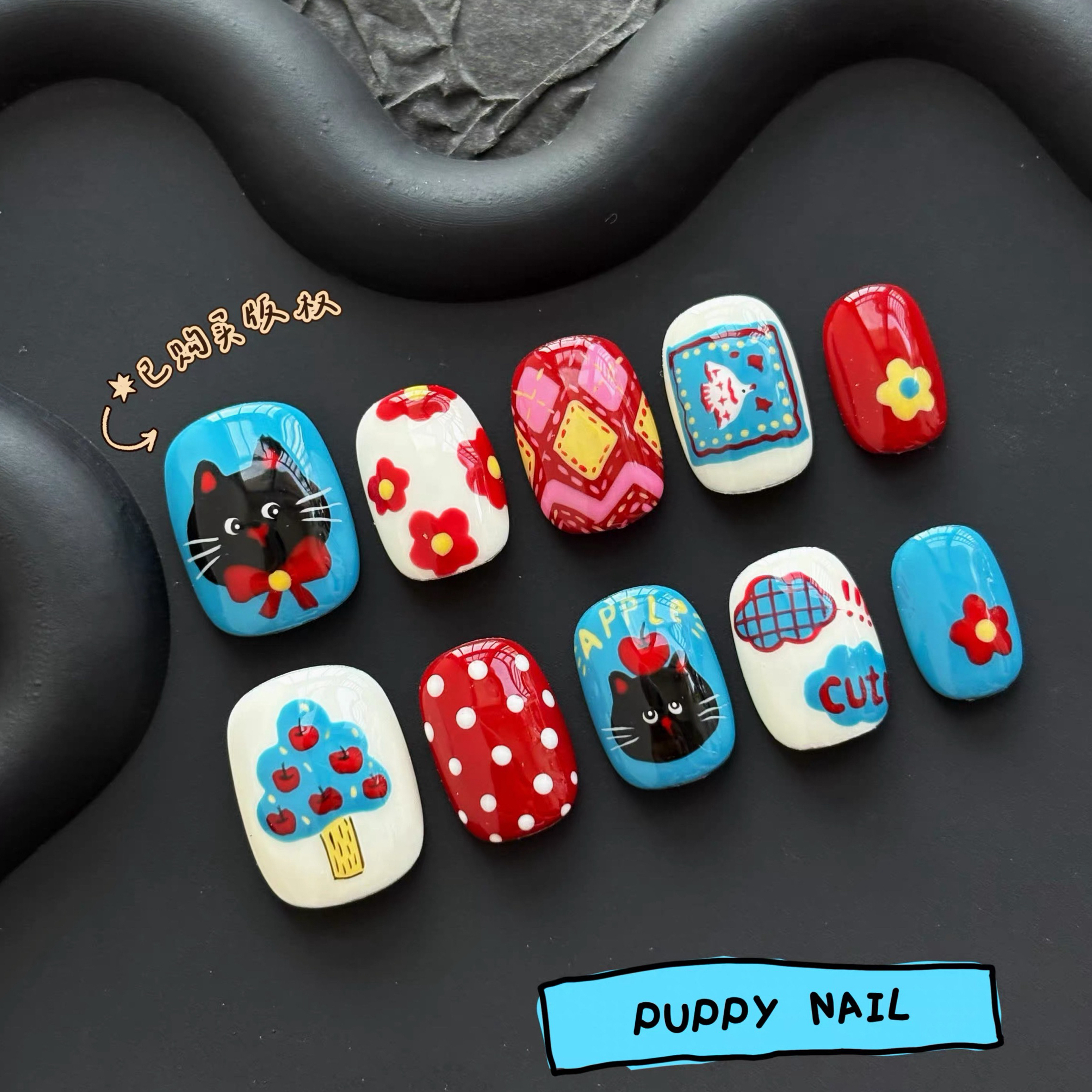 秋冬小黑猫美式可爱卡通红黄波点