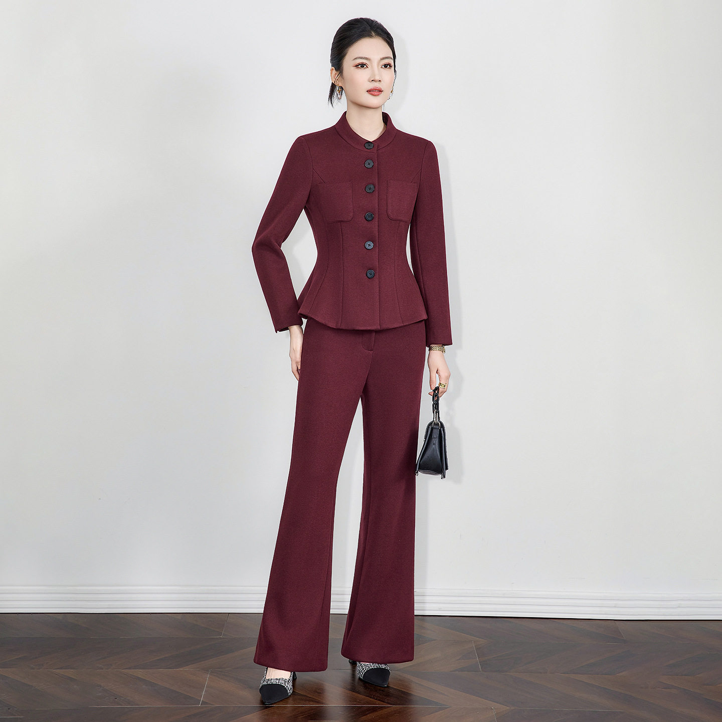 高端复古气质羊毛呢收腰西服上衣女微喇休闲裤两件套装冬季新款