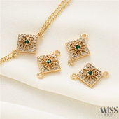 14K包金吊坠保色镶钻锆石菱形双吊环diy手工连接手链项链饰品配件