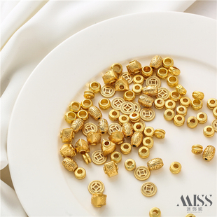 14K金保色铜钱平片大孔双层管珠三角灯笼隔珠藏文桶珠DIY手链配件