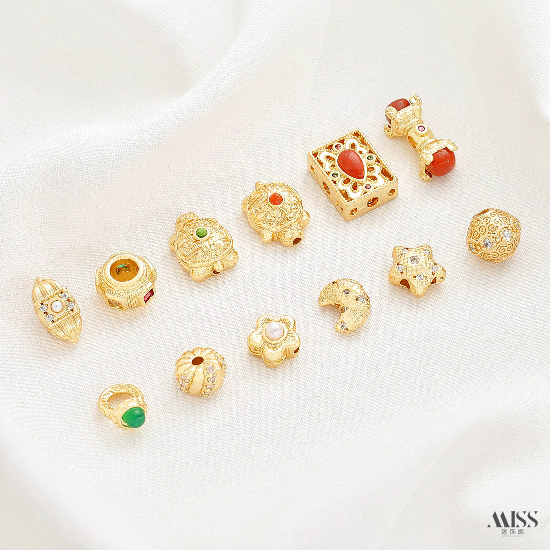 18K包金保色镶锆石南红松石珍珠星星月亮乌龟花朵隔珠diy饰品配件