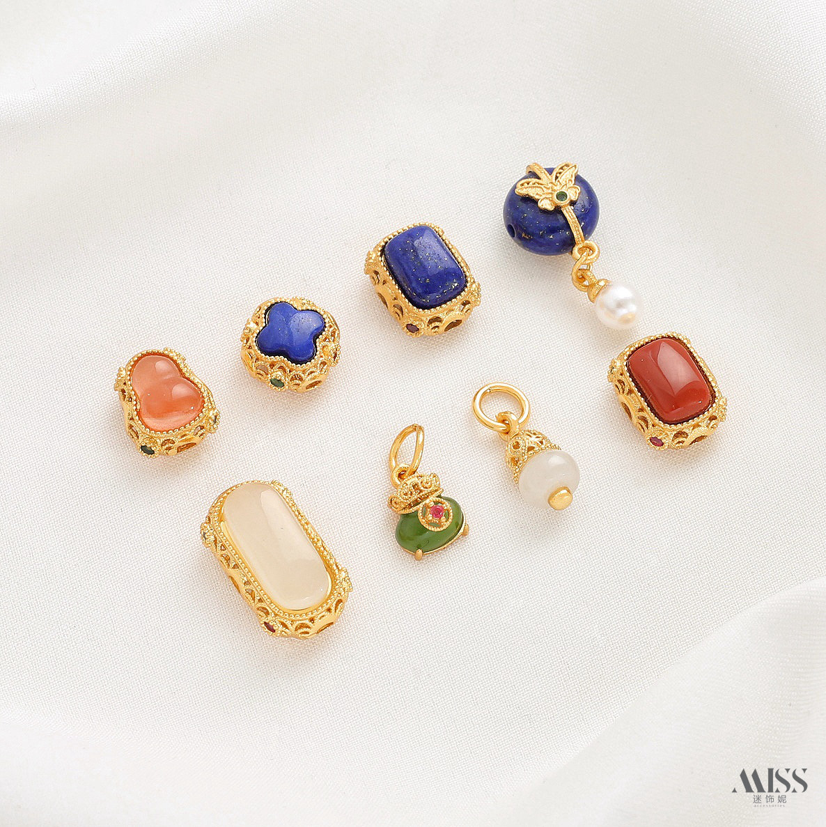 天然青金南红碧玉翡翠24K包金保色葫芦钱袋和田玉隔珠吊坠diy配件