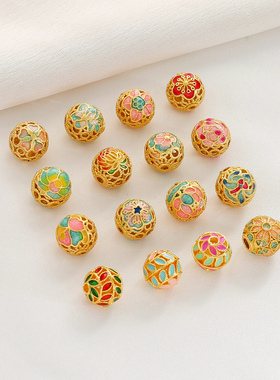 18K哑金烧蓝十二月花转运珠镂空花丝珠绣花珠diy手链项链串珠配件