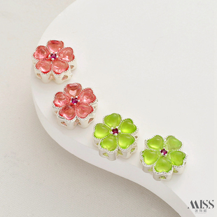 保色厚银五叶草樱花仿猫眼月光石隔珠diy手链手串18K哑金饰品配件