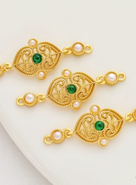 哑金18K包金保色镶贝珠葫芦双吊连接吊坠diy手工手链手串饰品配件