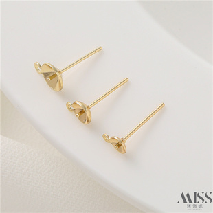 14K包金保色碗托刻带吊环耳针diy手工耳钉耳托首饰品配件