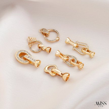 14K包金保色镶钻U形桃心蝴蝶收尾连接扣diy珍珠手链项链搭扣配件