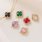 14K包金保色镶锆石四叶草双吊坠子手链项链连接件diy手工饰品配件