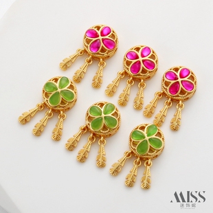 18K包金保色哑金镶锆石四叶草铺梦网三尾羽隔珠吊坠diy首饰品配件