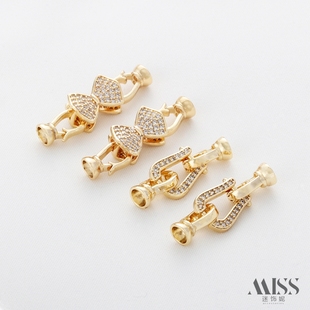 14K包金保色锆石蝴蝶结U形双扣头链接扣diy珍珠手链项链饰品配件