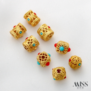 18K哑金保色古法金南红绿松石镂空转运珠隔珠diy手链项链饰品配件