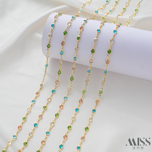 14K包金保色圆形彩色水晶玻璃手工链条diy散链手链项链首饰品配件