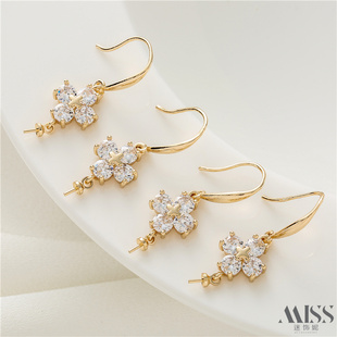 14K包金保色镶锆石四叶草带针珠托羊眼针耳钩耳环diy配件手工耳饰