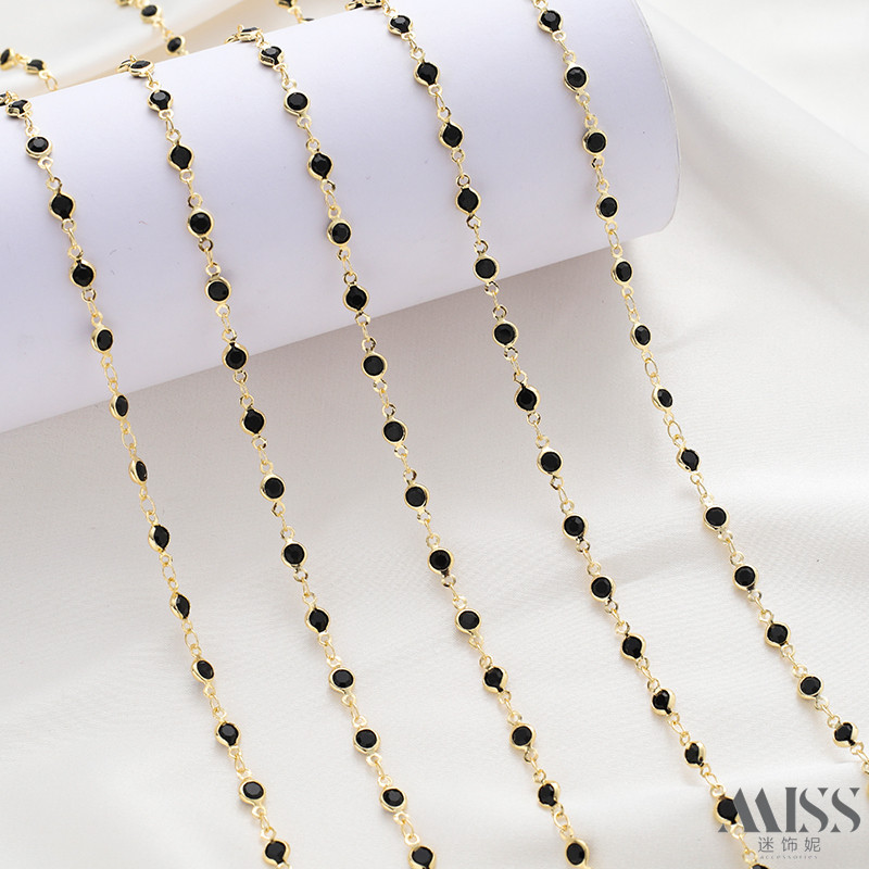 14K GOLD-FILLED COLOR-RETAINING ROUND BLACK TRANSPARENT ZIRCON GLASS HANDMADE CHAIN DIY BRACELET NECKLACE JEWELRY ACCESSORIES