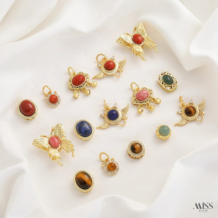 镶嵌天然蔷薇石蓝水翡翠青金南红虎眼石镀18K真金吊坠隔珠diy配件