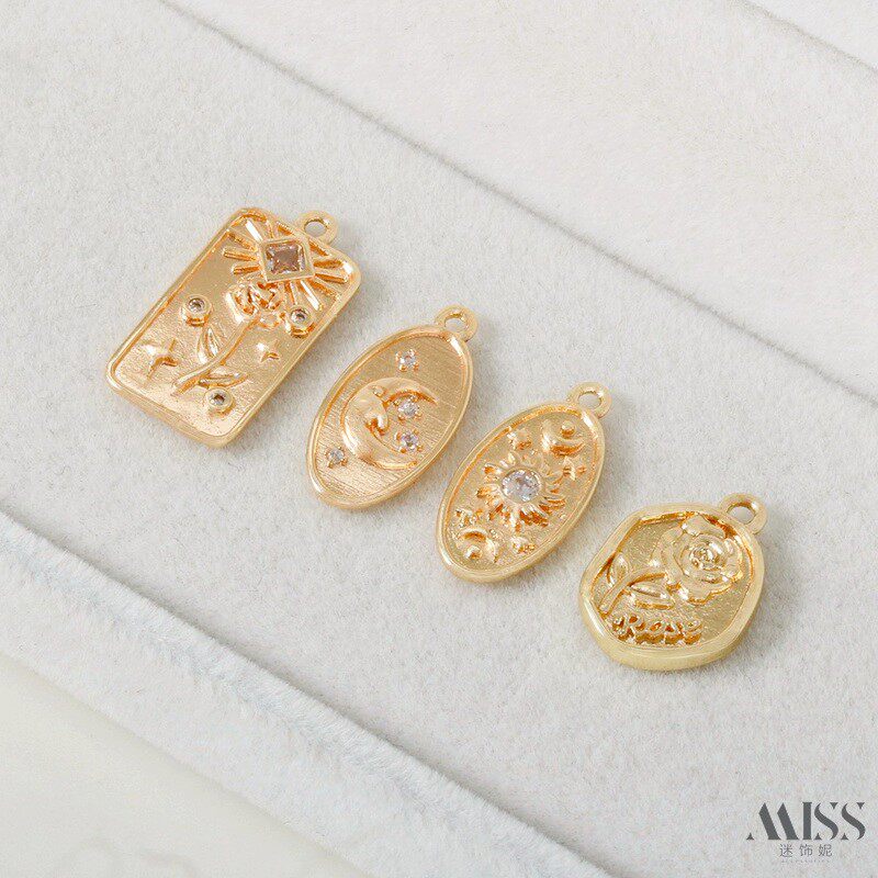 14K包金保色玫瑰镶锆石星月太阳椭圆吊牌吊坠diy手链项链吊饰配件