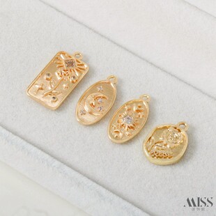 14K包金保色玫瑰镶锆石星月太阳椭圆吊牌吊坠diy手链项链吊饰配件