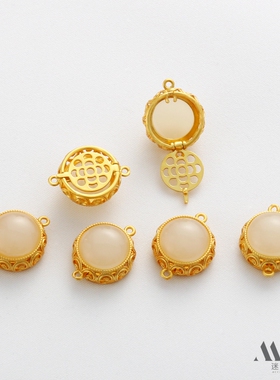 18K包金保色哑金白玉香囊盒双耳双吊坠香包嘎乌盒diy手链项链配件