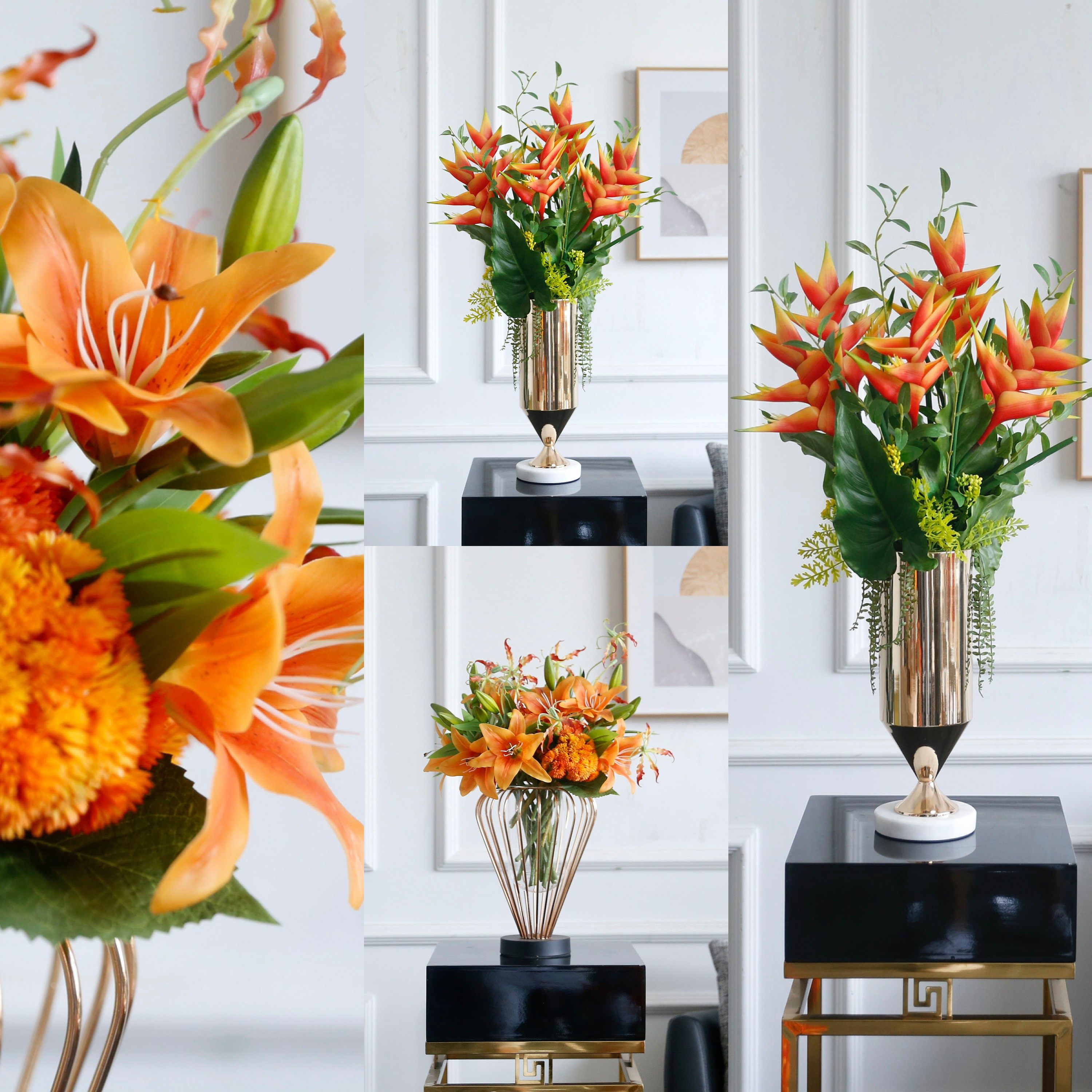 高档轻奢仿真花假花摆件餐桌酒店茶几橘橙金铜色花器瓶样板板房间