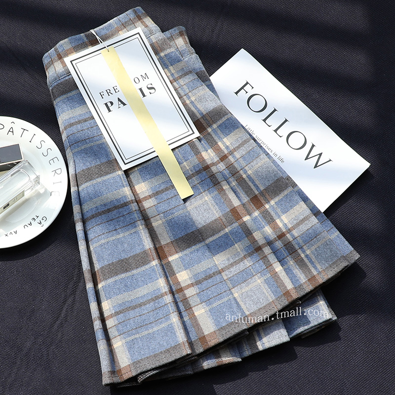 格子秋冬a字毛呢蓝色遮胯百褶裙