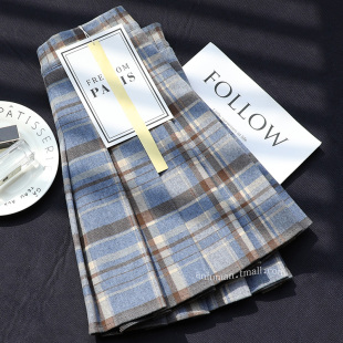 格子百褶裙女秋冬a字高腰短裙显瘦百搭毛呢裙子蓝色遮胯半身裙裤