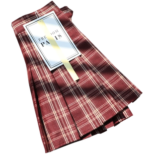 格子百褶裙女春秋短款高腰复古磨毛a字半身裙显瘦酒红网红短裙裤