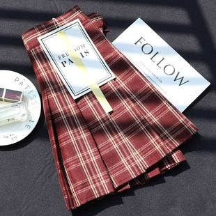 格子百褶裙女秋冬短款高腰复古毛呢a字半身裙显瘦红色网红短裙裤