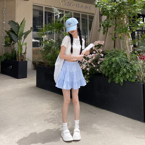 蓝色高腰半身裙女休闲蛋糕短裙子